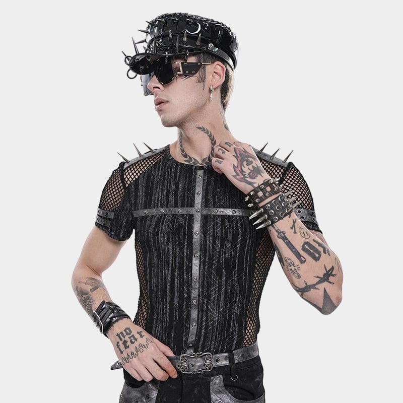DEVIL FASHION Men's Punk Studded Mesh Splice Short Sleeved Top