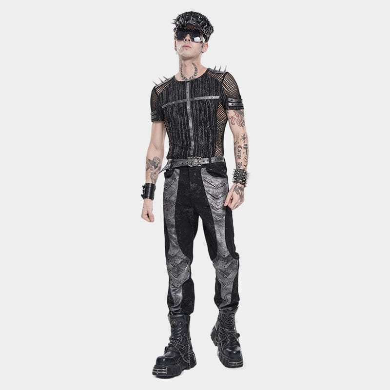 DEVIL FASHION Men's Punk Studded Mesh Splice Short Sleeved Top