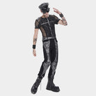 DEVIL FASHION Men's Punk Studded Mesh Splice Short Sleeved Top