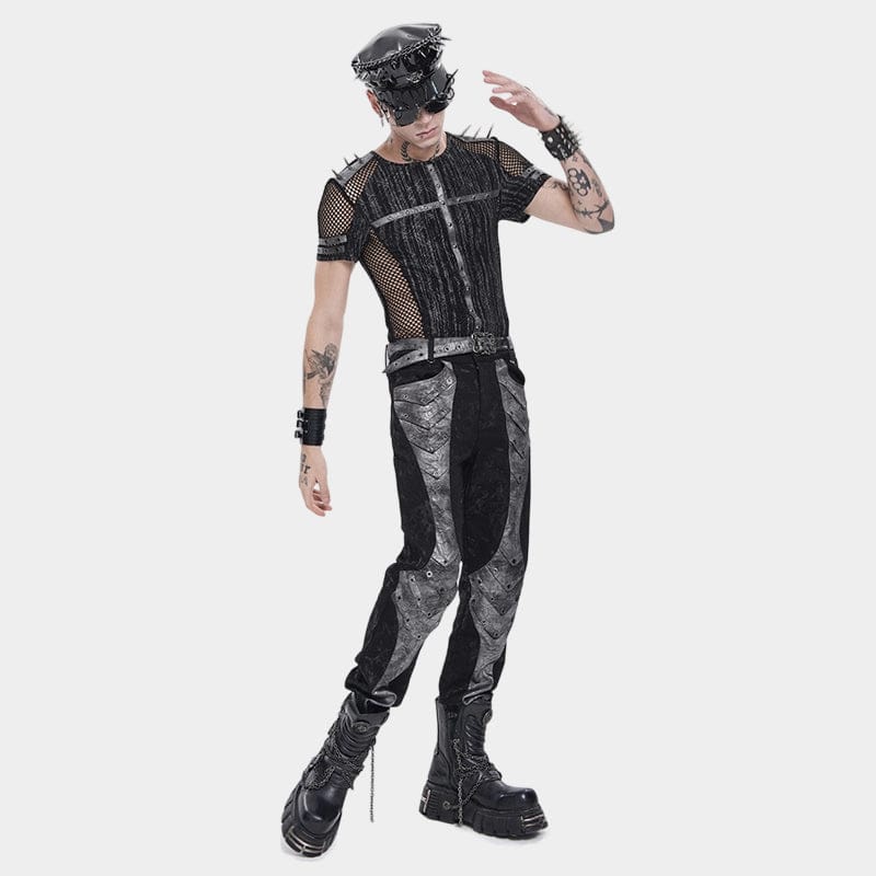 DEVIL FASHION Men's Punk Studded Mesh Splice Short Sleeved Top