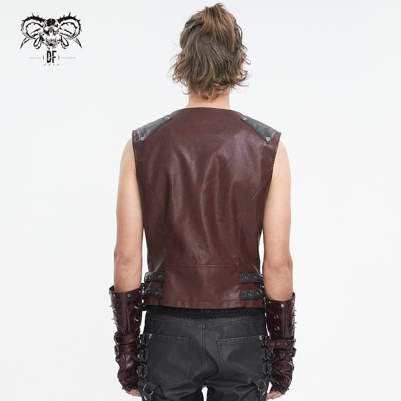 DEVIL FASHION Men's Punk Studded Red Faux Leather Vest