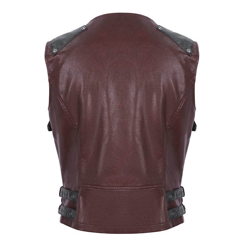 DEVIL FASHION Men's Punk Studded Red Faux Leather Vest