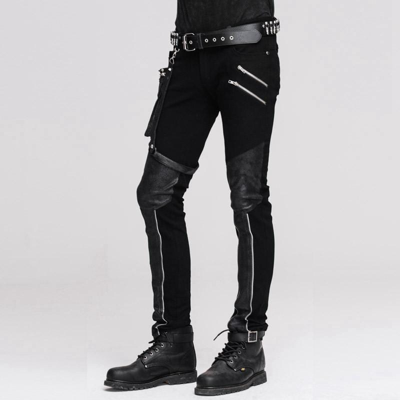 DEVIL FASHION Men's Punk Style Trousers With Faux Leather Patches