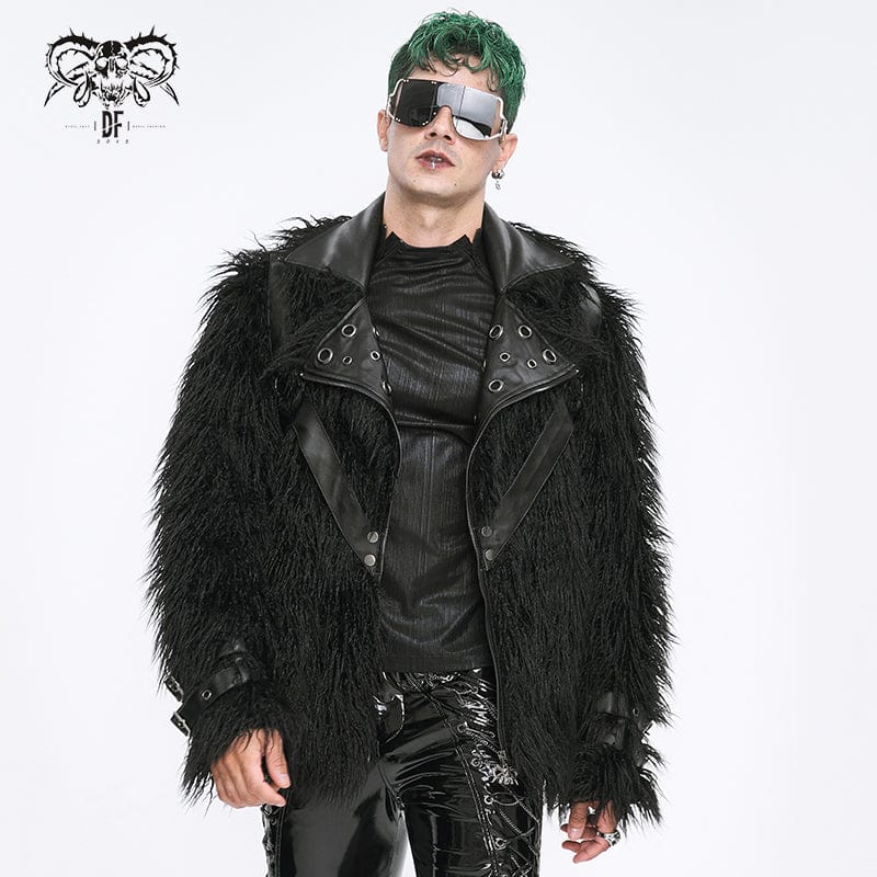 DEVIL FASHION Men's Punk Turn-down Collar Faux Fur Jacket