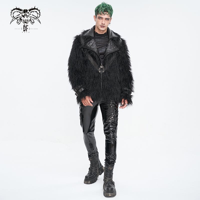 DEVIL FASHION Men's Punk Turn-down Collar Faux Fur Jacket