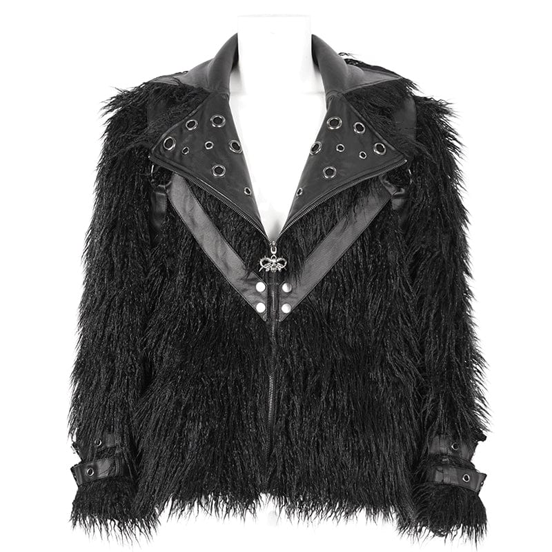 DEVIL FASHION Men's Punk Turn-down Collar Faux Fur Jacket