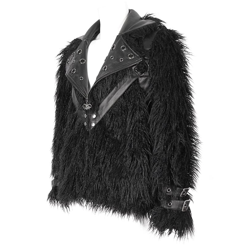 DEVIL FASHION Men's Punk Turn-down Collar Faux Fur Jacket