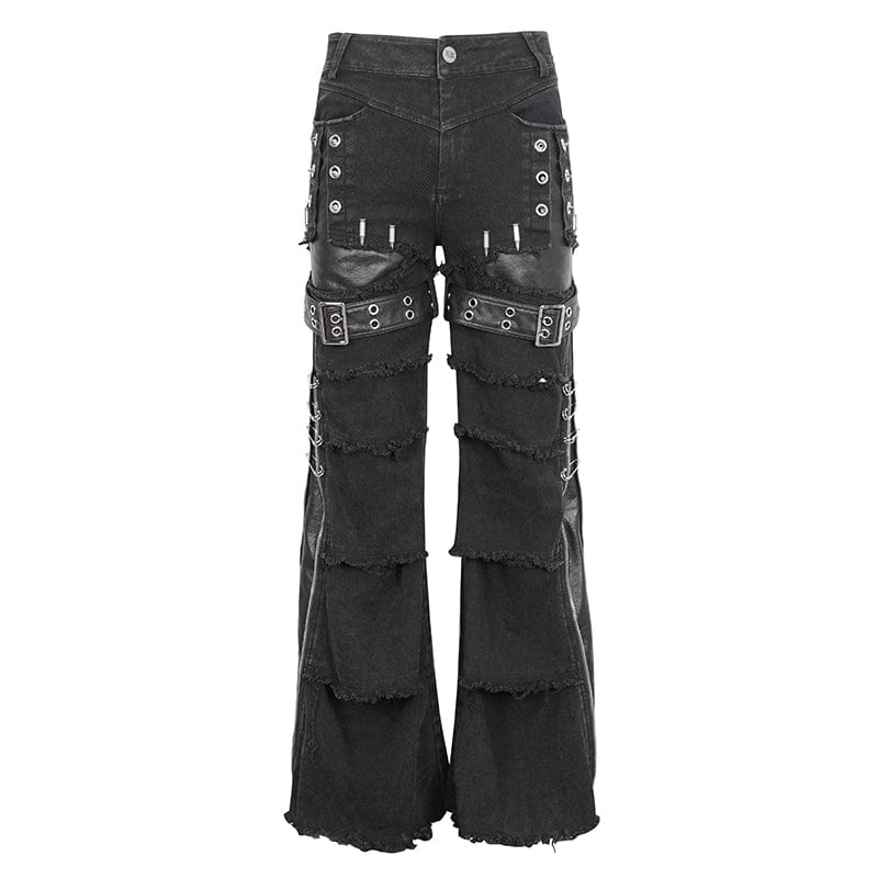 DEVIL FASHION Men's Punk Unedged Faux Leather Splice Flared Pants