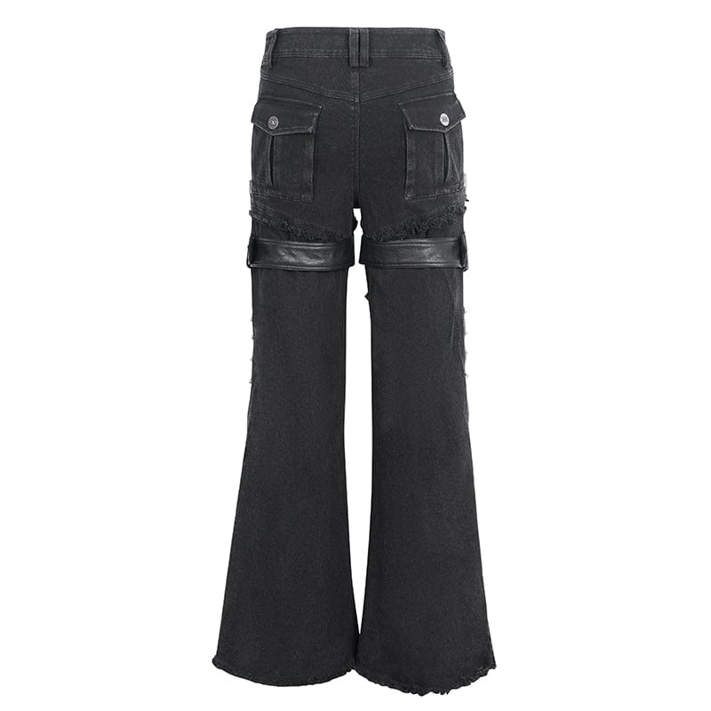 DEVIL FASHION Men's Punk Unedged Faux Leather Splice Flared Pants