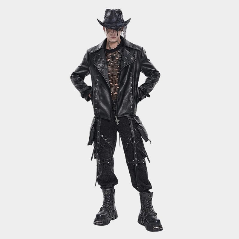 DEVIL FASHION Men's Punk Wide Lapel Collar Studded Biker Jacket