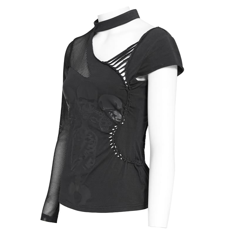 DEVIL FASHION Women's Goth Asymmetric T-Shirt With Skeleton Design