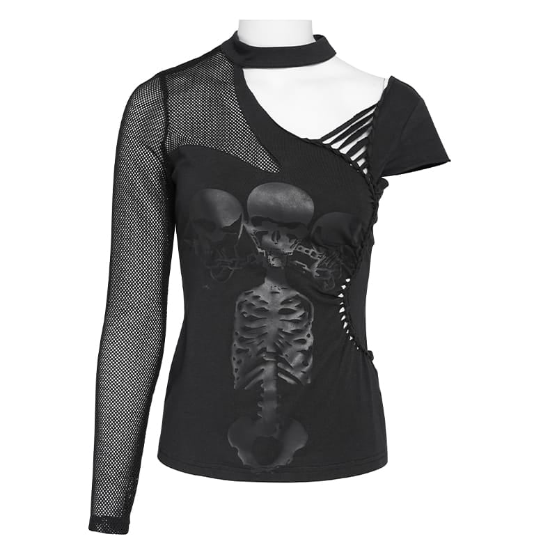 DEVIL FASHION Women's Goth Asymmetric T-Shirt With Skeleton Design