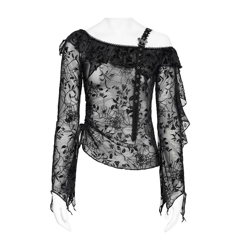 DEVIL FASHION Women's Gothic Asymmetric Floral Cobweb Mesh Top