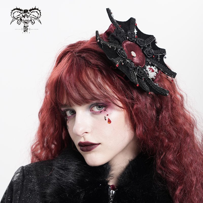 DEVIL FASHION Women's Gothic Bat Rose Cross Hair Clip Badge Holder