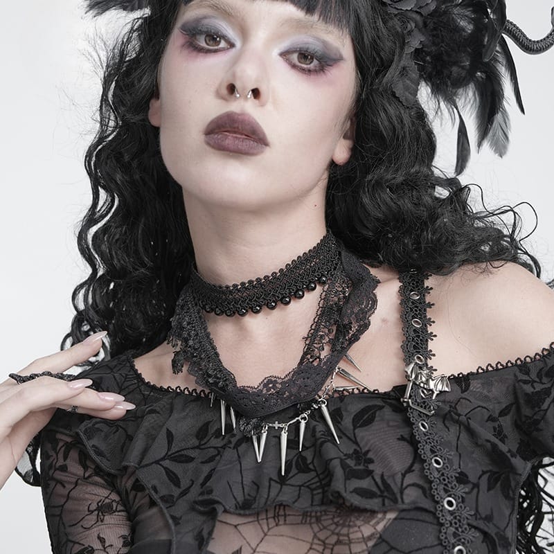 DEVIL FASHION Women's Gothic Beaded Rivets Layered Choker