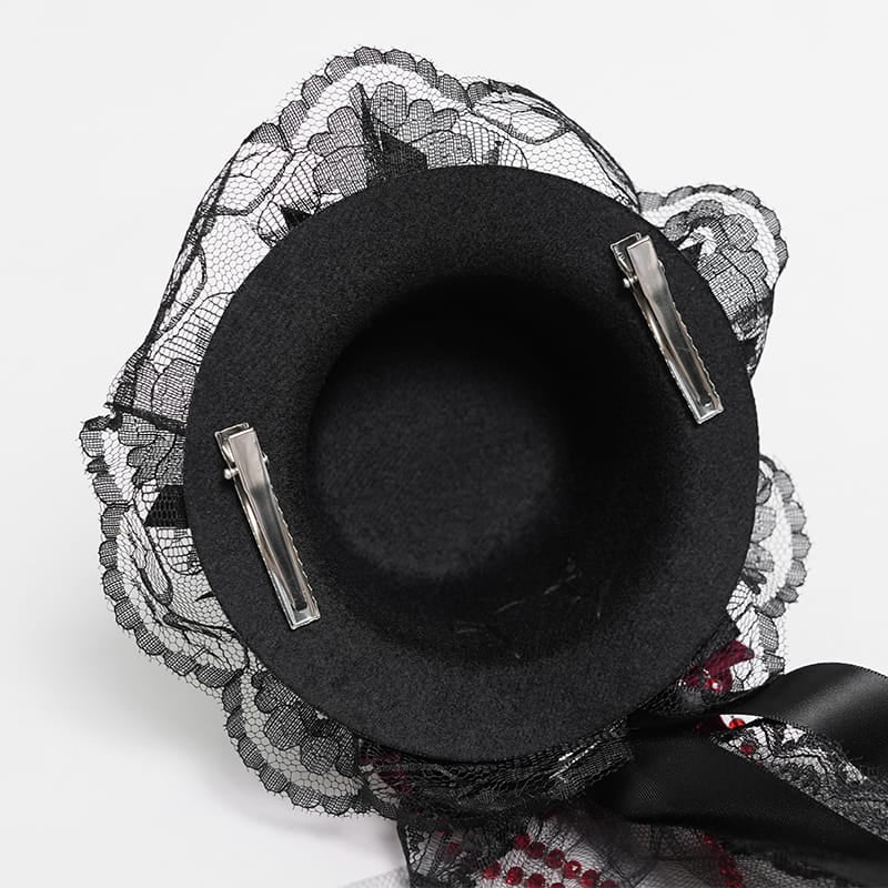 DEVIL FASHION Women's Gothic Beaded Rose Tulle Veil Mini Top Hat