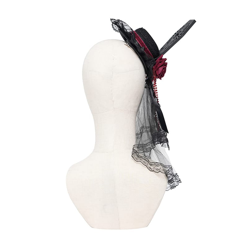 DEVIL FASHION Women's Gothic Beaded Rose Tulle Veil Mini Top Hat