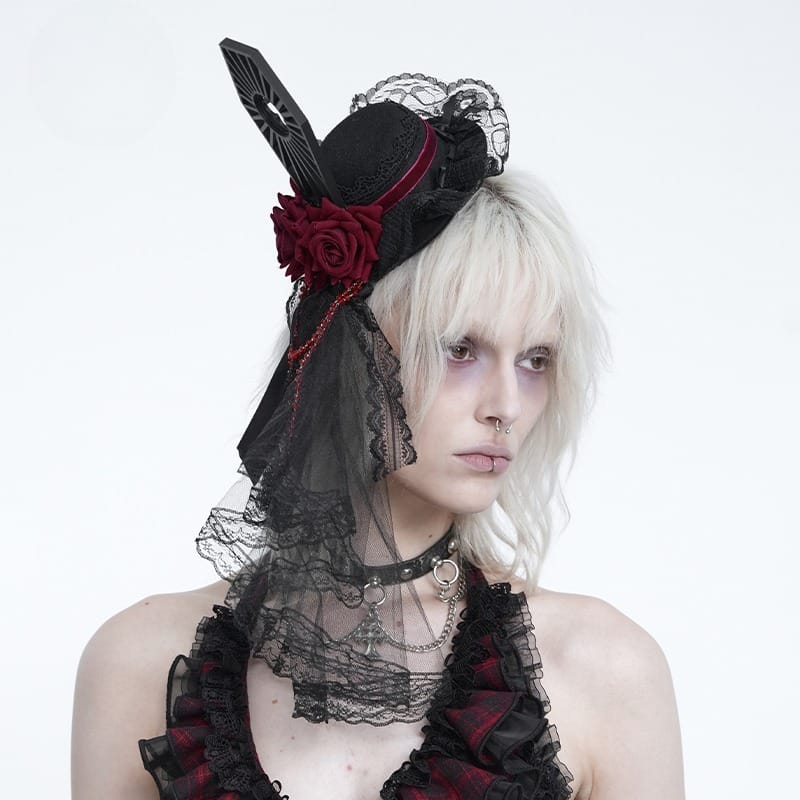 DEVIL FASHION Women's Gothic Beaded Rose Tulle Veil Mini Top Hat