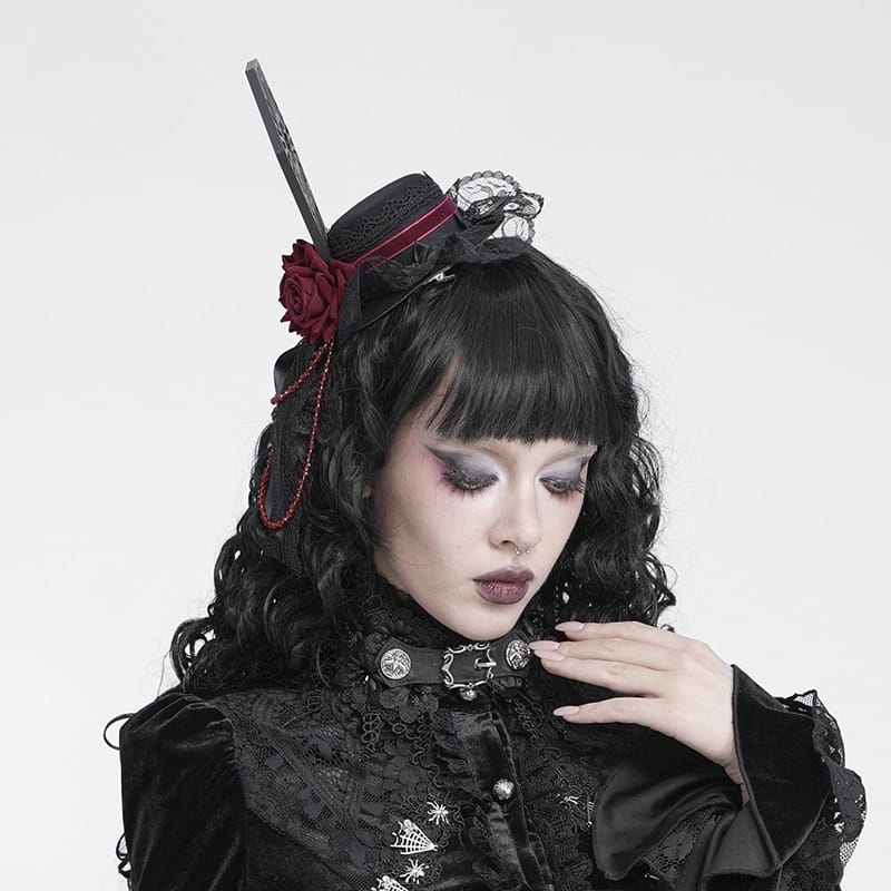DEVIL FASHION Women's Gothic Beaded Rose Tulle Veil Mini Top Hat