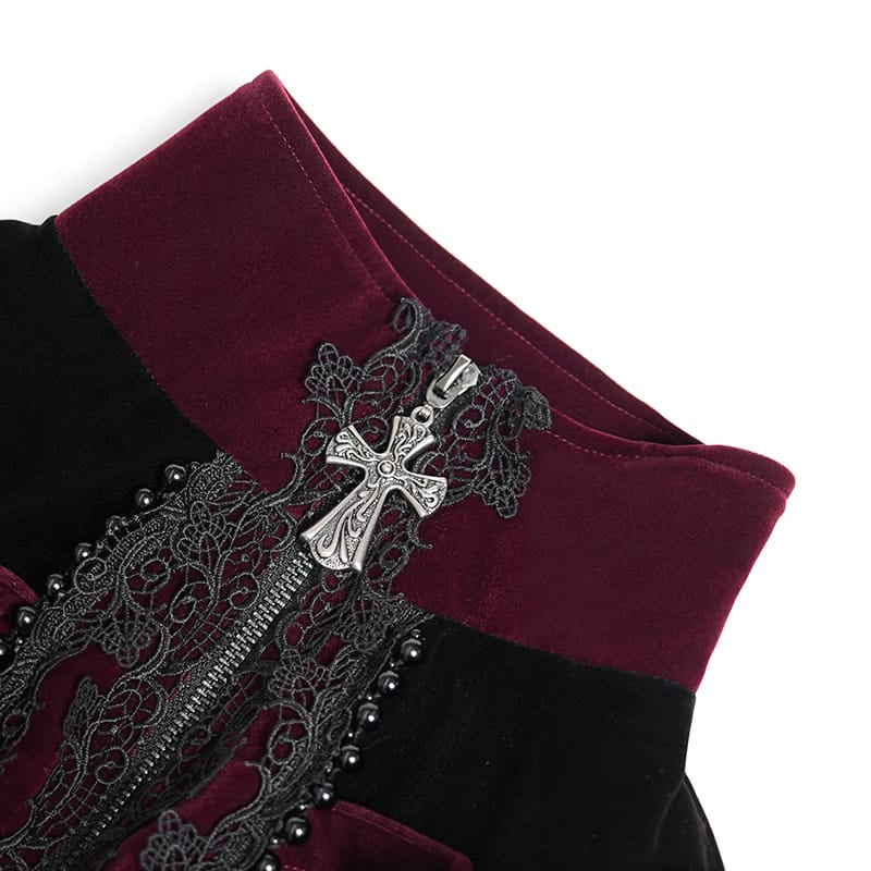 DEVIL FASHION Women's Gothic Beaded Trim Buckle Strap Zip Jacket Red