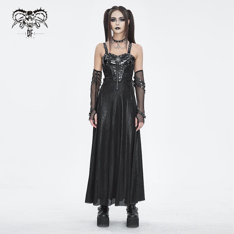 DEVIL FASHION Women's Gothic Buckle Strap Eyelets Maxi Dress