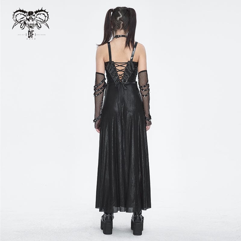 DEVIL FASHION Women's Gothic Buckle Strap Eyelets Maxi Dress