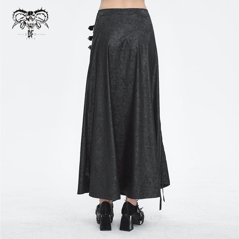 DEVIL FASHION Women's Gothic Buckle Stud Side Slit Long Skirt