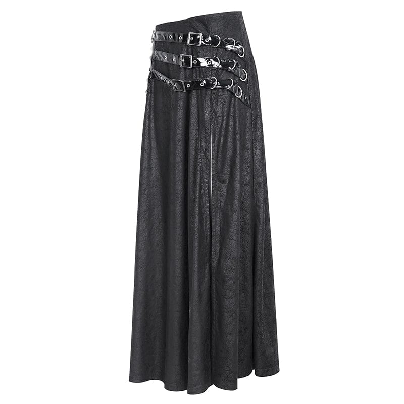 DEVIL FASHION Women's Gothic Buckle Stud Side Slit Long Skirt