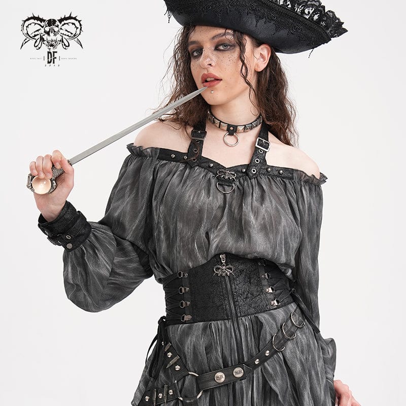 DEVIL FASHION Women's Gothic Buckle-up Halter Long Sleeve Blouses