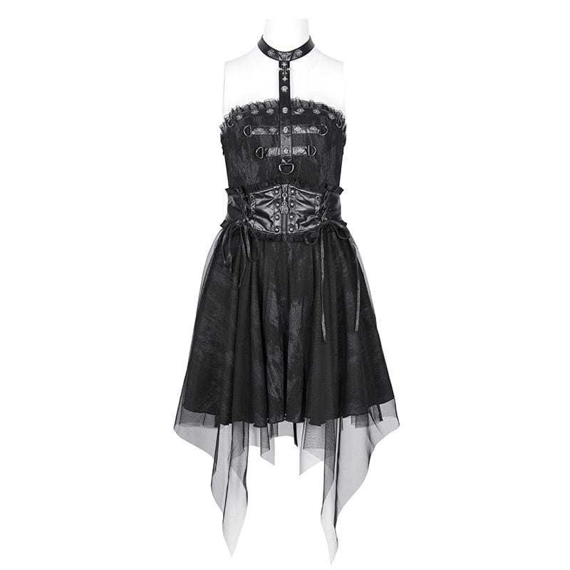 DEVIL FASHION Women's Gothic Buckle-up Halter Mesh Short Dress