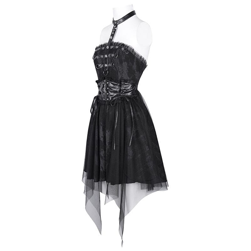 DEVIL FASHION Women's Gothic Buckle-up Halter Mesh Short Dress