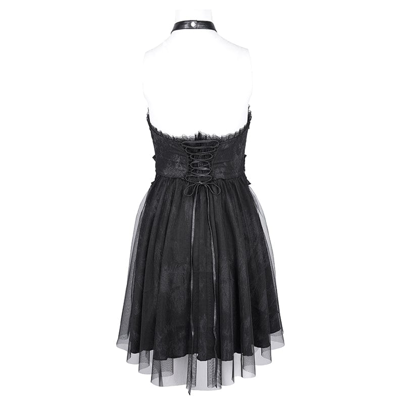 DEVIL FASHION Women's Gothic Buckle-up Halter Mesh Short Dress