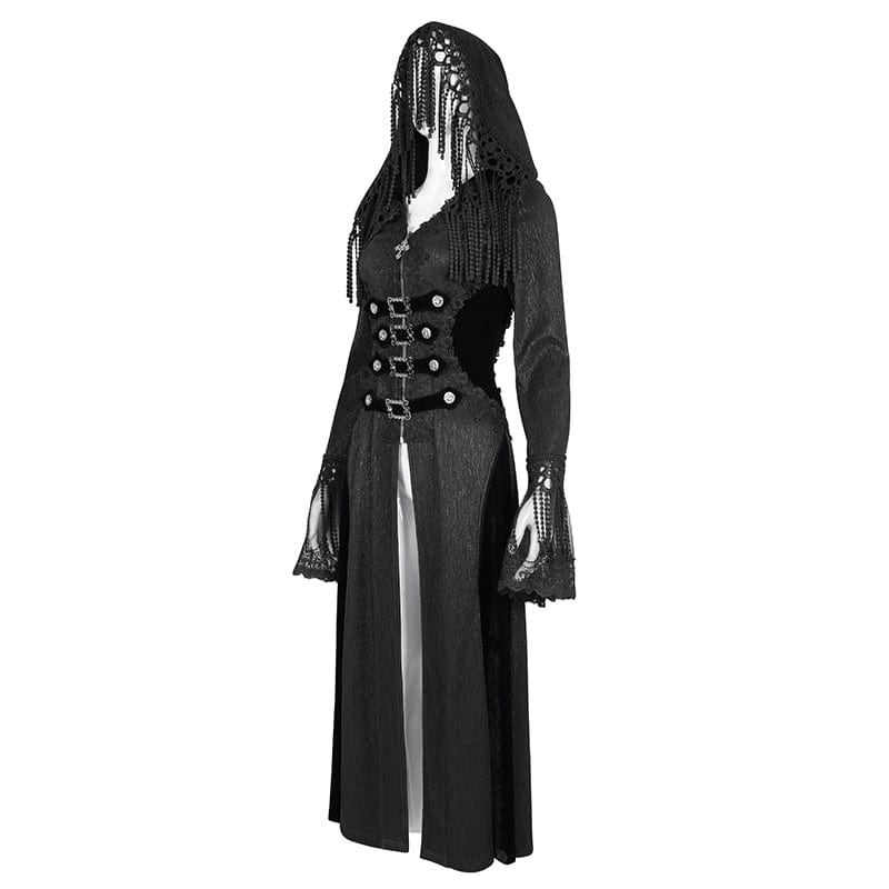 DEVIL FASHION Women's Gothic Buckle-up Tassels Jacket with Hood