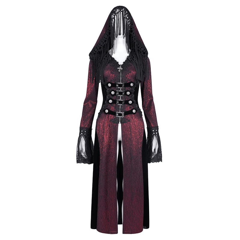 DEVIL FASHION Women's Gothic Buckle-up Tassels Jacket with Hood Red