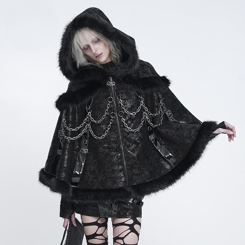 DEVIL FASHION Women's Gothic Chain-Detailed Textured Hooded Cloak