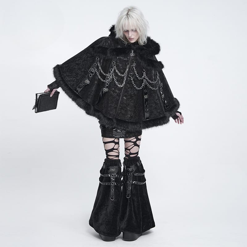 DEVIL FASHION Women's Gothic Chain-Detailed Textured Hooded Cloak