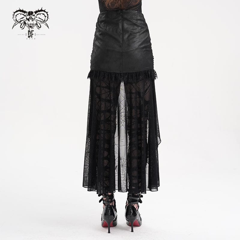 DEVIL FASHION Women's Gothic Chain Mesh Lace Irregular Hem Skirt