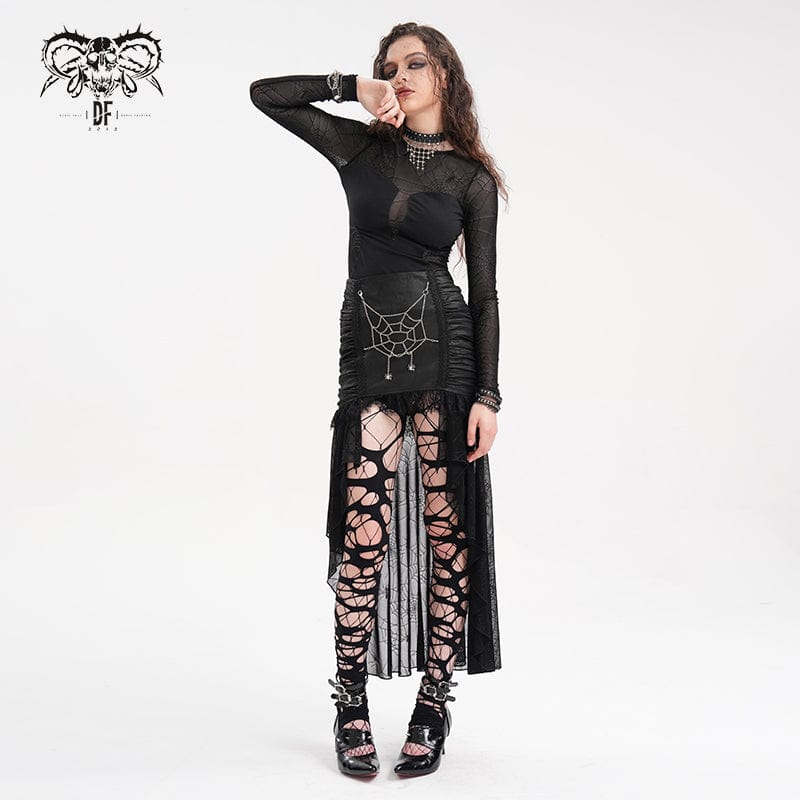 DEVIL FASHION Women's Gothic Chain Mesh Lace Irregular Hem Skirt