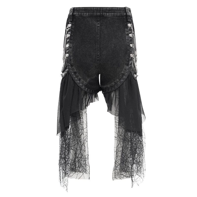 DEVIL FASHION Women's Gothic Chain Mesh Ripped Irregular Hem Shorts