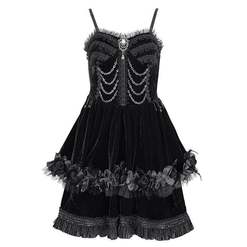 DEVIL FASHION Women's Gothic Chain Ruffled Lace Short Slip Dress