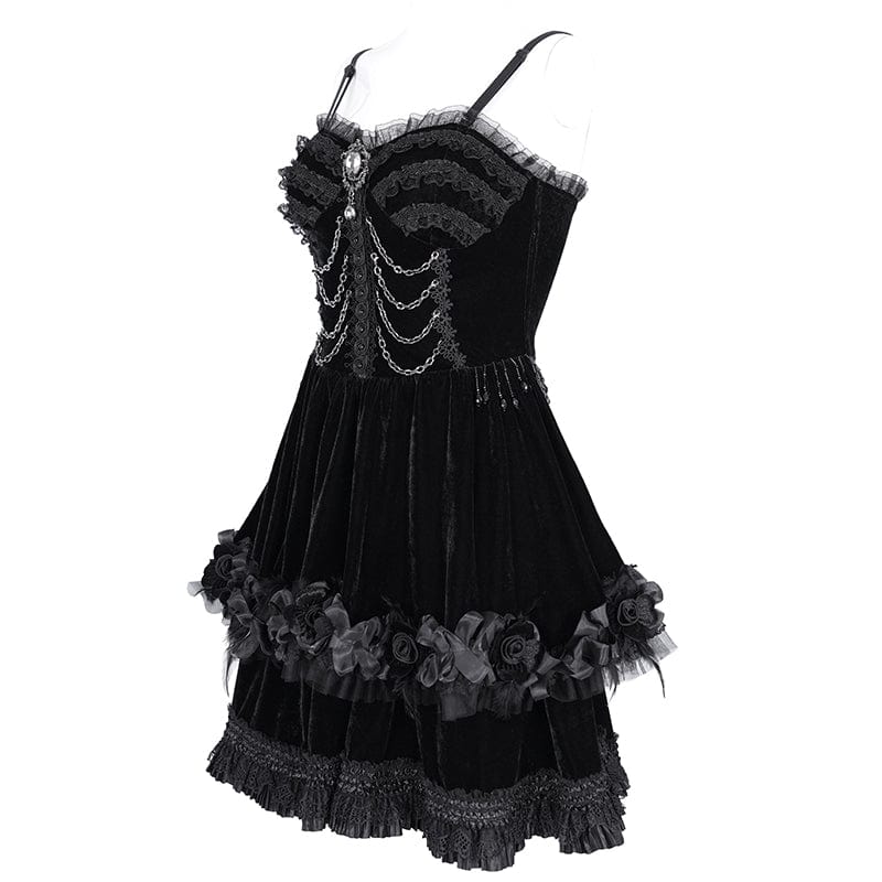 DEVIL FASHION Women's Gothic Chain Ruffled Lace Short Slip Dress