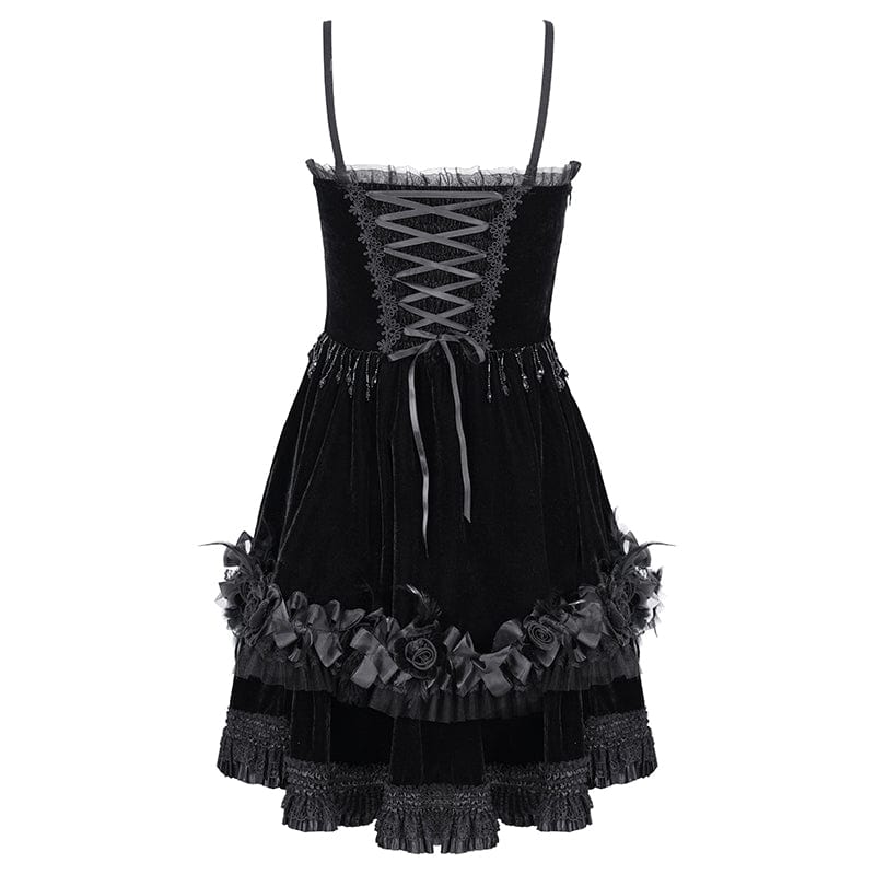 DEVIL FASHION Women's Gothic Chain Ruffled Lace Short Slip Dress