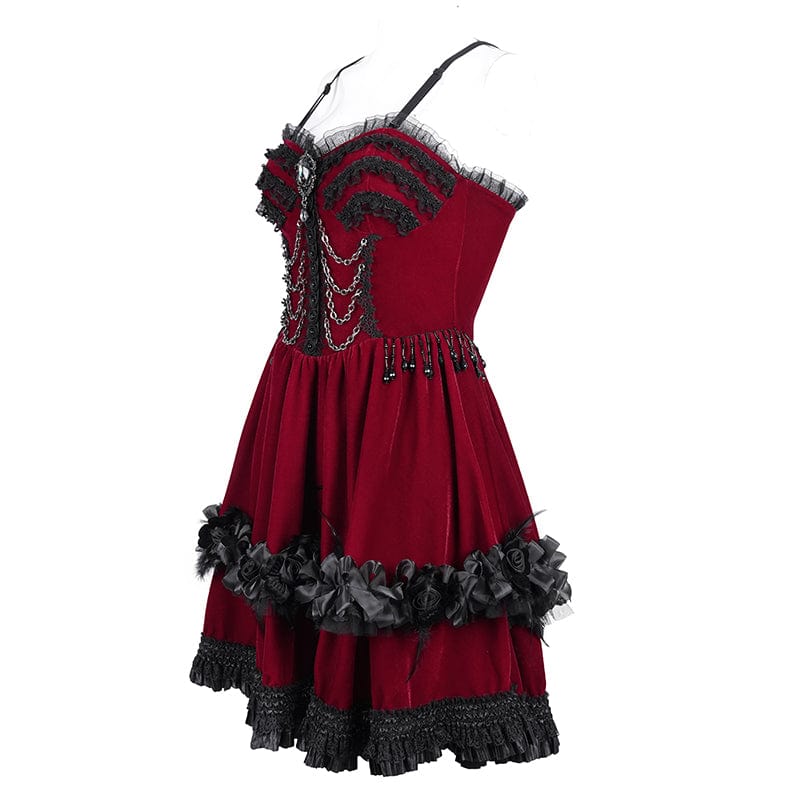 DEVIL FASHION Women's Gothic Chain Ruffled Lace Short Slip Dress Red