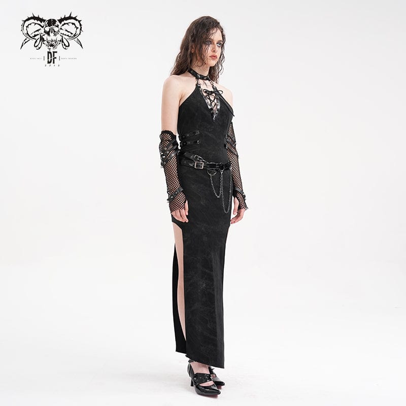 DEVIL FASHION Women's Gothic Chains Buckle-up Maxi Dress