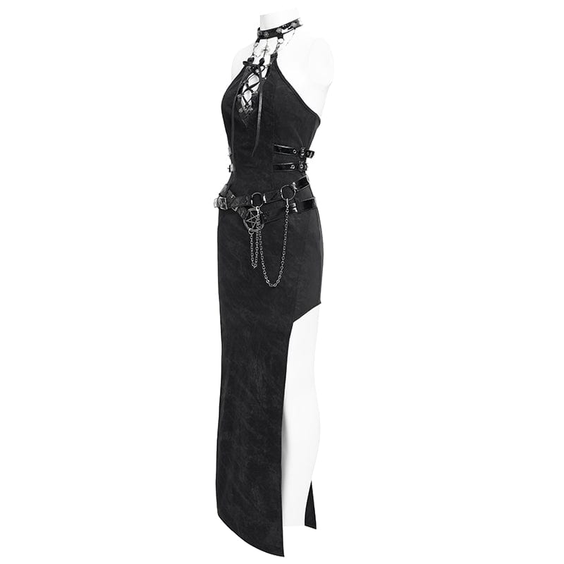 DEVIL FASHION Women's Gothic Chains Buckle-up Maxi Dress