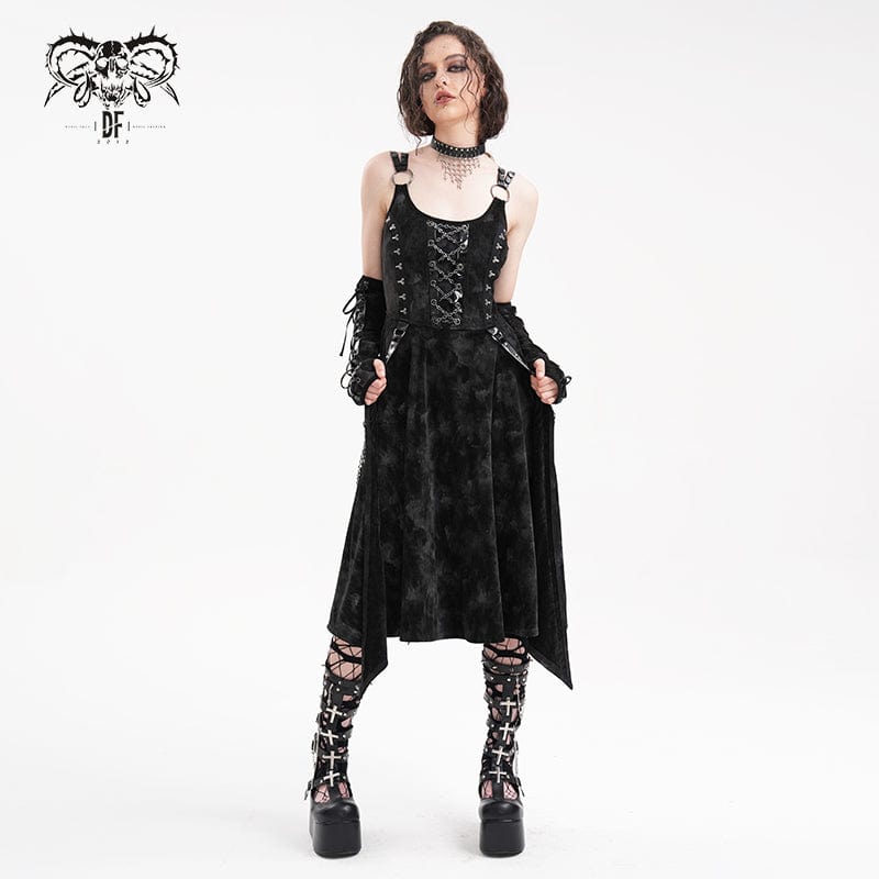 DEVIL FASHION Women's Gothic Chains Rings Slip Dress with Gloves