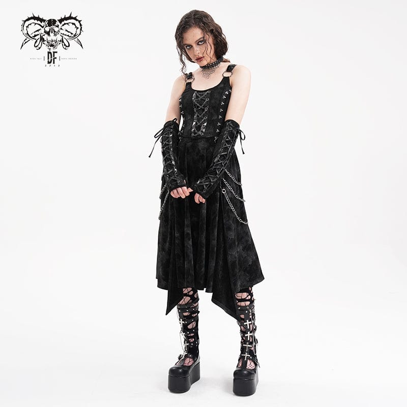 DEVIL FASHION Women's Gothic Chains Rings Slip Dress with Gloves