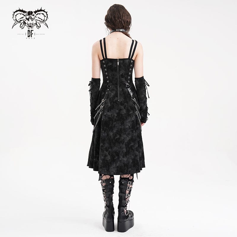 DEVIL FASHION Women's Gothic Chains Rings Slip Dress with Gloves