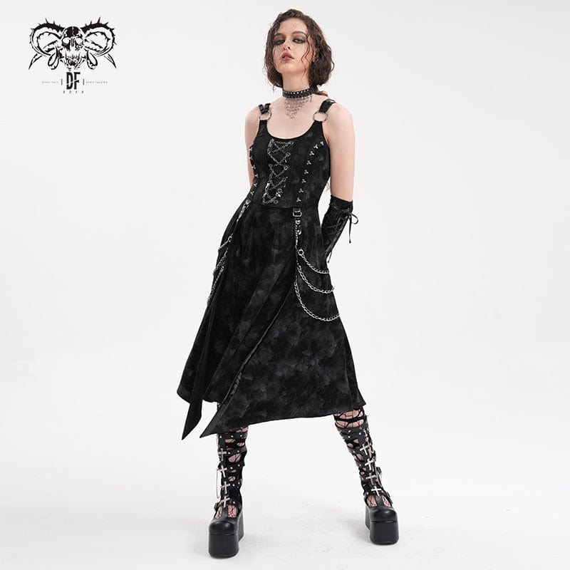 DEVIL FASHION Women's Gothic Chains Rings Slip Dress with Gloves