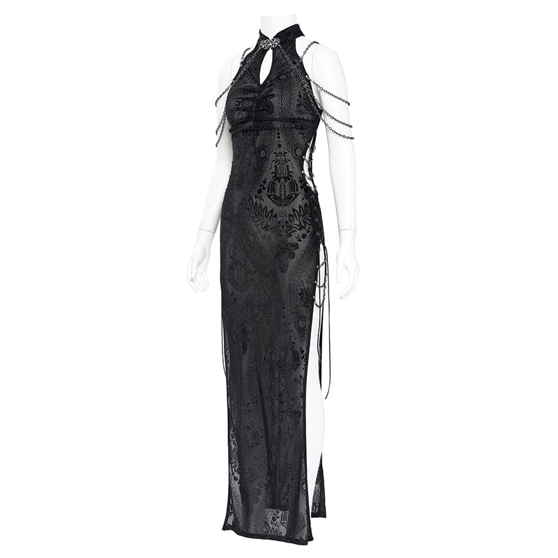 DEVIL FASHION Women's Gothic Cheongsam Collar Side Slit Halterneck Prom Dress